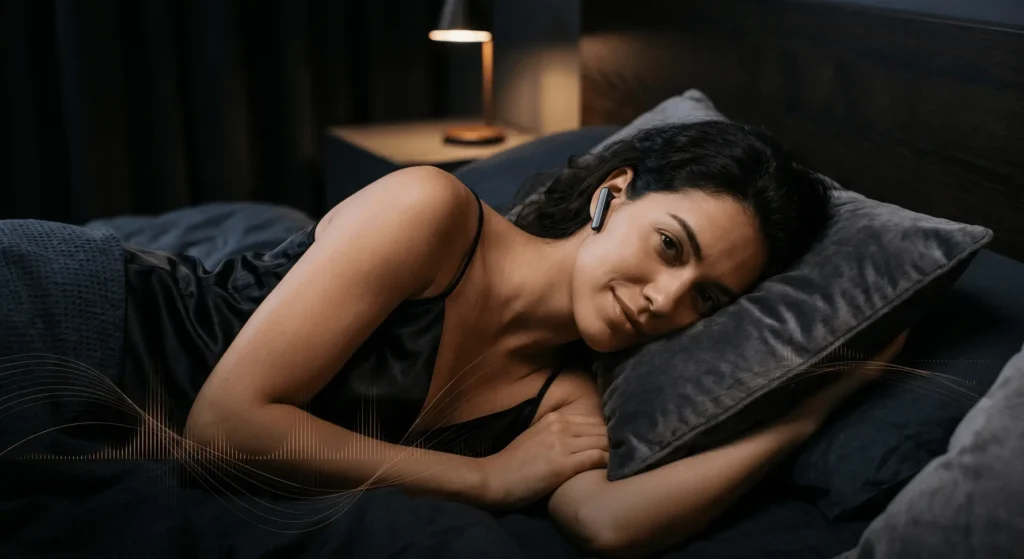 A woman listening to an AI voice companion through a wireless earbud in a cozy bedroom setting.